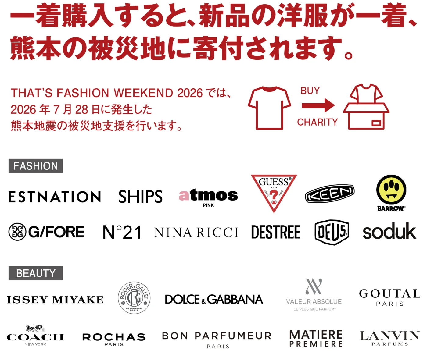 チャリティマーケット｜一着購入すると、新品の洋服が一着、熊本の被災地に寄付されます。